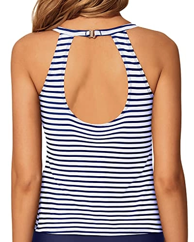 Adjustable Neck Hook Closure High Neck Tankini Top-Blue And White Stripes