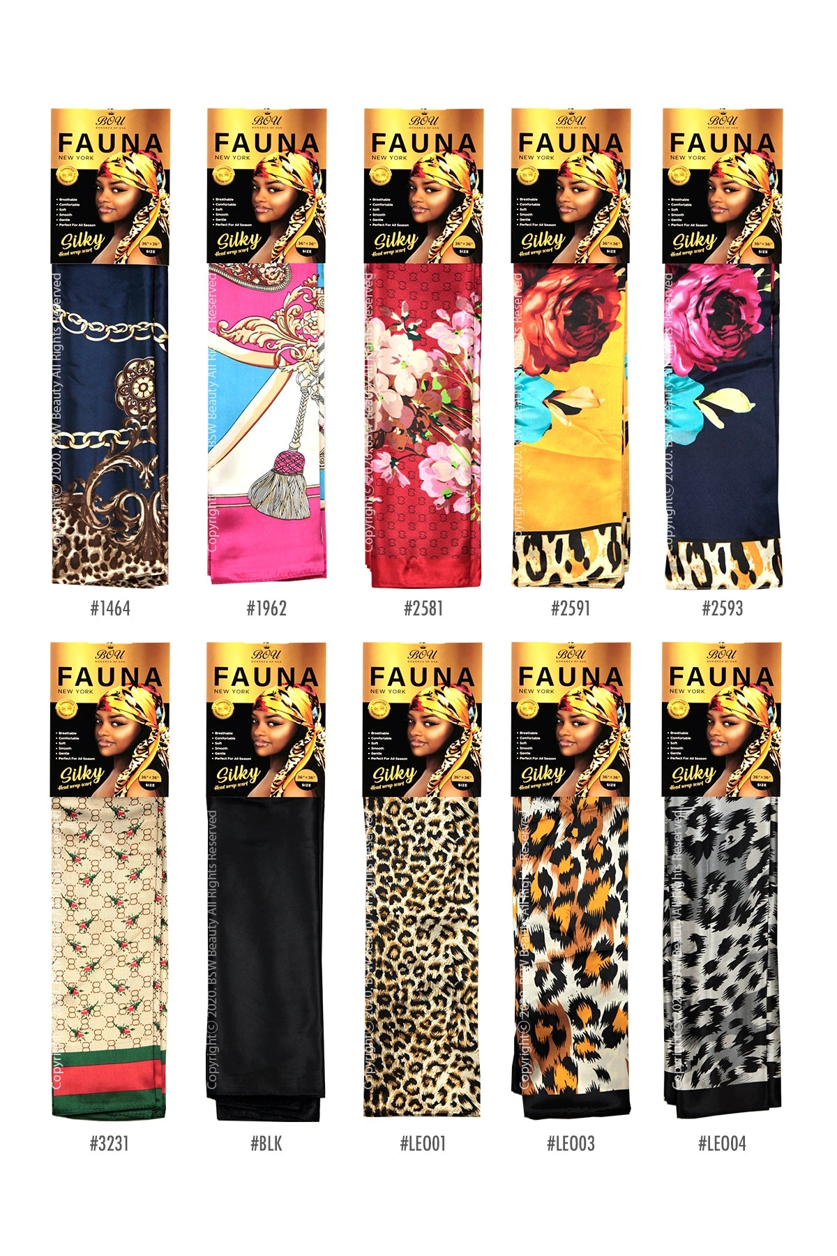 BOU FAUNA NEW YORK SILKY HEAD WRAP SCARF 36" X 36"- 10 TYPE