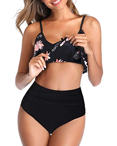 Comfortable Full Tummy Control High Waisted Bikini-Black Orange Floral