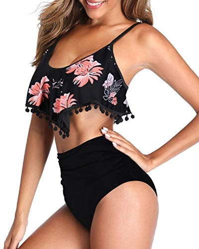 Comfortable Full Tummy Control High Waisted Bikini-Black Orange Floral