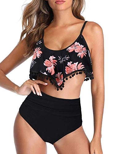 Comfortable Full Tummy Control High Waisted Bikini-Black Orange Floral