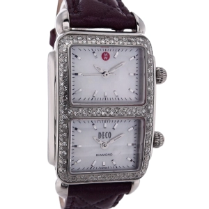 Estate Michele Stainless Steel Deco Park Dual Time Mother of Pearl Dial Light Violet Quilted Strap MW06S01A1025 With Box