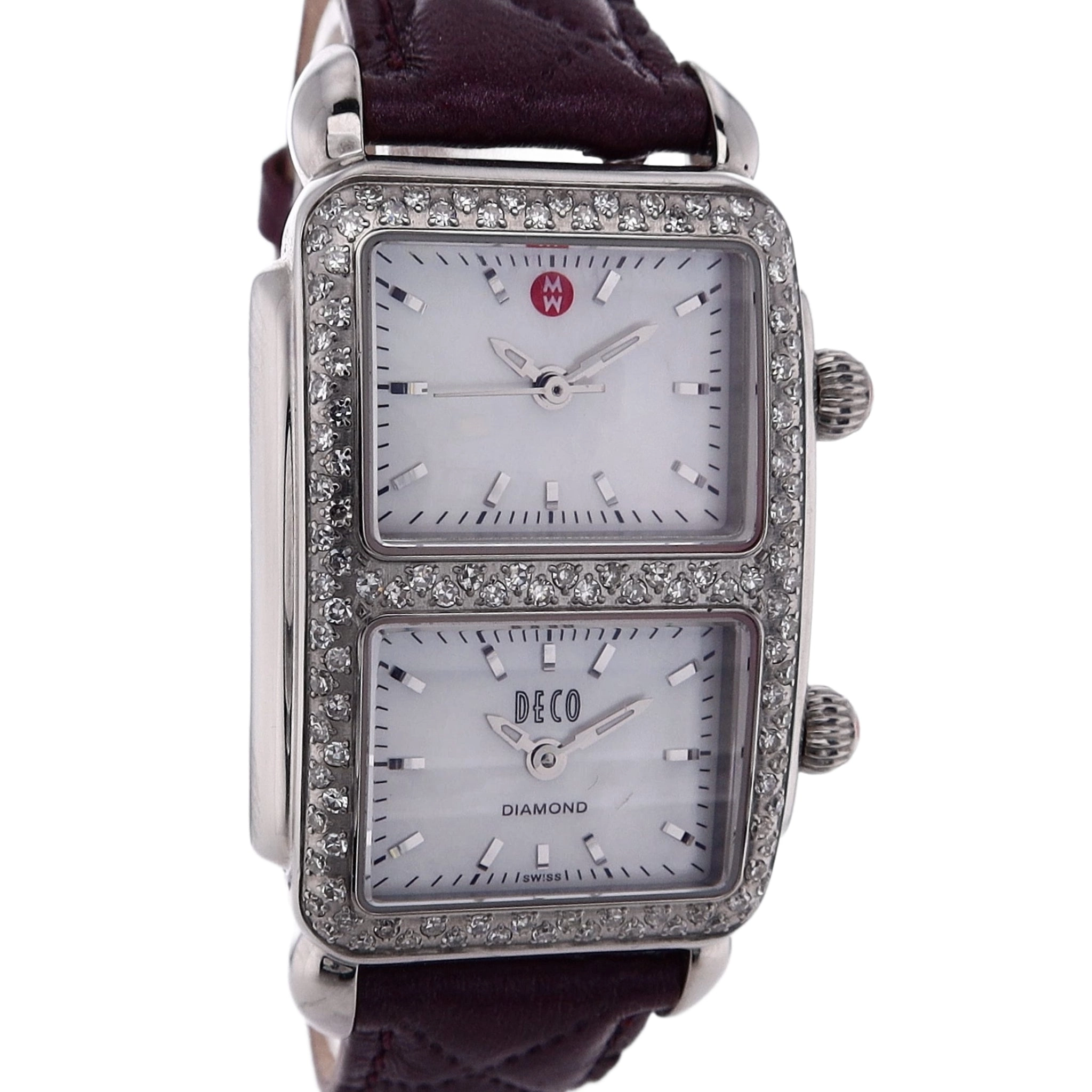 Estate Michele Stainless Steel Deco Park Dual Time Mother of Pearl Dial Light Violet Quilted Strap MW06S01A1025 With Box