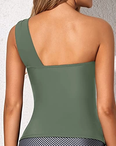 Eye-Catching One Shoulder Swimsuit Top Asymmetric Cut Tankini Top-Olive Green