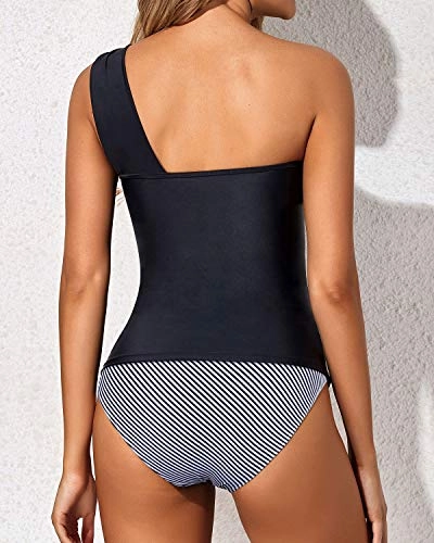 Flattering Two Piece Tankini Bathing Suits One Shoulder Swim Top And Shorts Swimsuits-Black Stripe