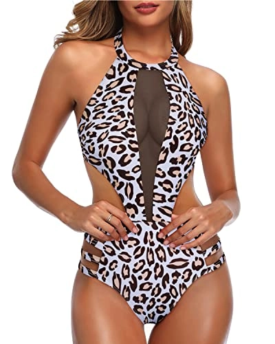 Flirty Mesh Patchwork Cutout Monokini Swimwear For Women-Leopard