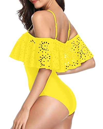 Lace Hollow Out Ruffle Flounce Off Shoulder 1 Piece Swimsuits For Women-Neon Yellow