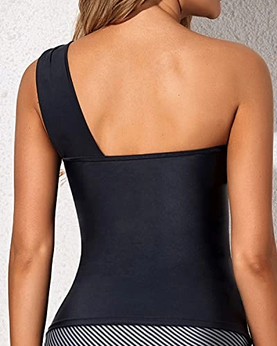 One Shoulder Ruched Swim Top Tummy Control Tankini Top-Black