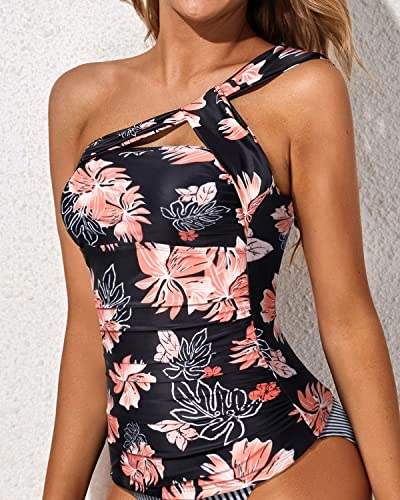 Padded Push Up Bra Swim Top Asymmetric Cut Tankini Top-Black Orange Floral