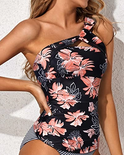 Padded Push Up Bra Swim Top Asymmetric Cut Tankini Top-Black Orange Floral