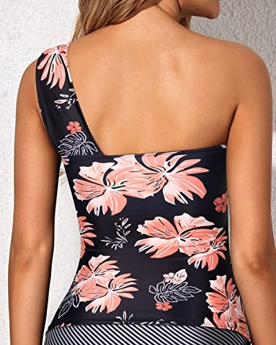 Padded Push Up Bra Swim Top Asymmetric Cut Tankini Top-Black Orange Floral
