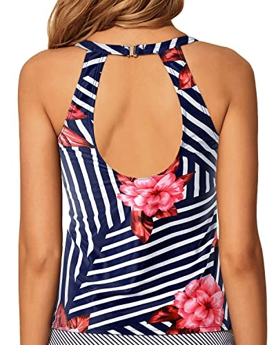 Removable Padded Push Up Bra High Neck Tankini Top-Blue Floral