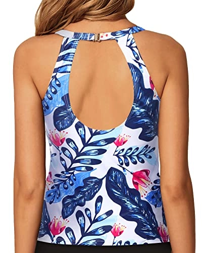 Stylish & Charming Backless Swim Tank Top-White And Blue Floral