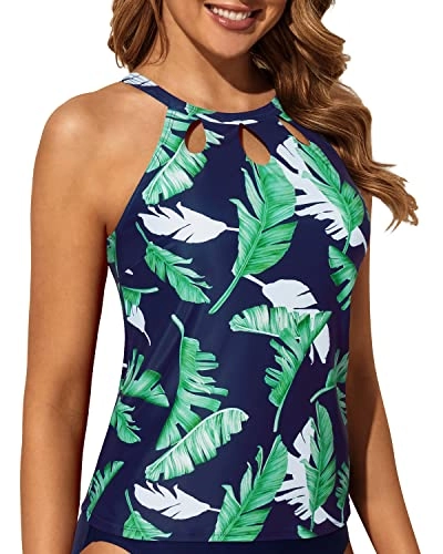 Stylish Halter Keyhole Design High Neck Tankini Top-Blue Leaf