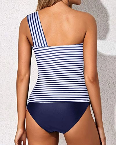 Stylish One Shoulder Swim Top 2 Piece Tankini Bathing Suits For Women Shorts-Blue White Stripe