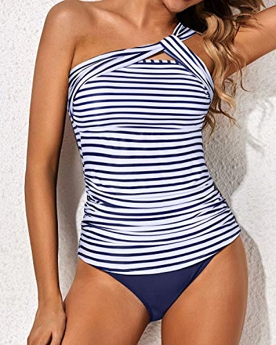 Stylish One Shoulder Swim Top 2 Piece Tankini Bathing Suits For Women Shorts-Blue White Stripe