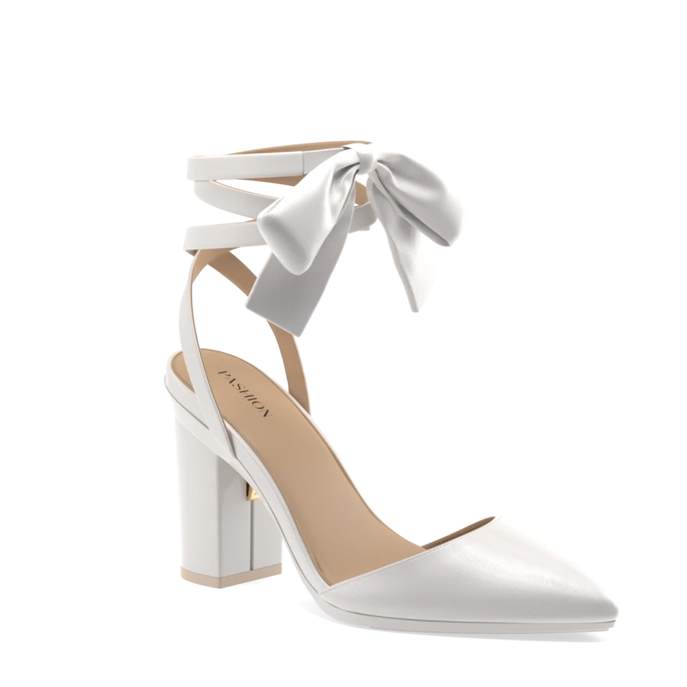 The D'Orsay - White Satin Bow   Block Heel Kit 4 White - FINAL SALE