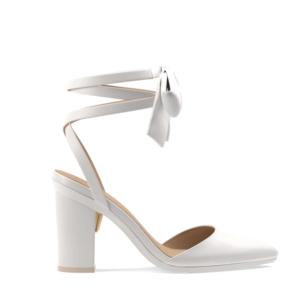 The D'Orsay - White Satin Bow   Block Heel Kit 4 White - FINAL SALE
