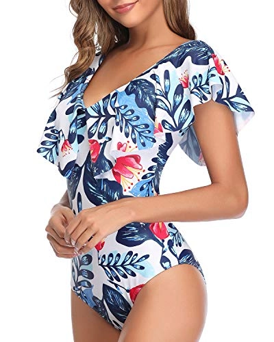 Trendy Bathing Suit Flounce Sleeve V Neck One Piece Swimsuit-White And Blue Floral