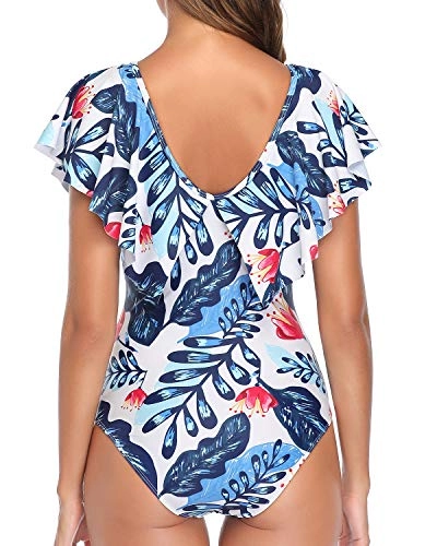 Trendy Bathing Suit Flounce Sleeve V Neck One Piece Swimsuit-White And Blue Floral