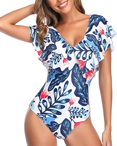 Trendy Bathing Suit Flounce Sleeve V Neck One Piece Swimsuit-White And Blue Floral