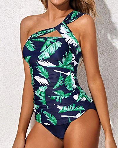 Tummy Control Two Piece Ruched One Shoulder Tankini Swimsuit-Blue Leaf