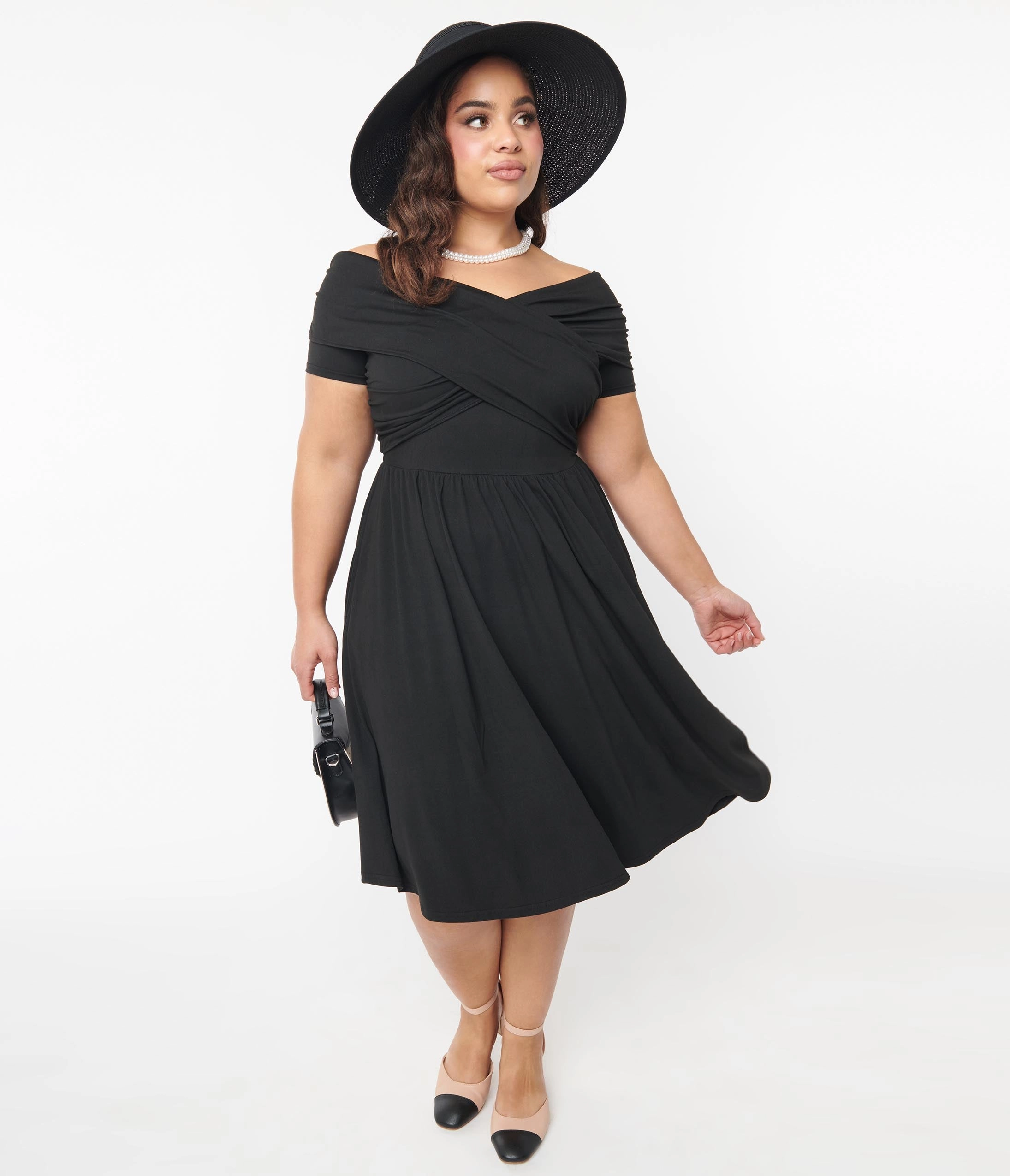Unique Vintage Plus Size Black Shirred Swing Dress