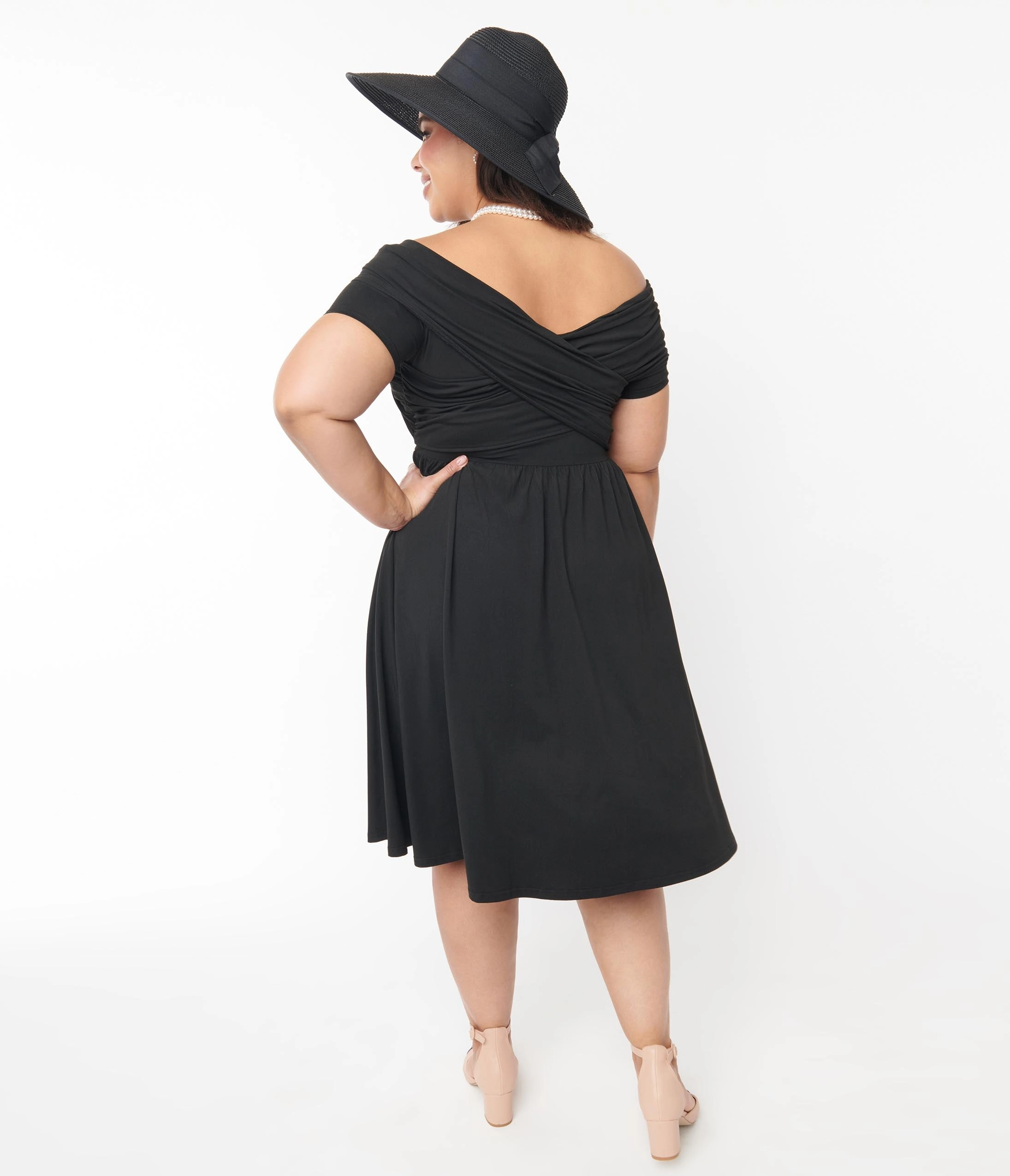 Unique Vintage Plus Size Black Shirred Swing Dress