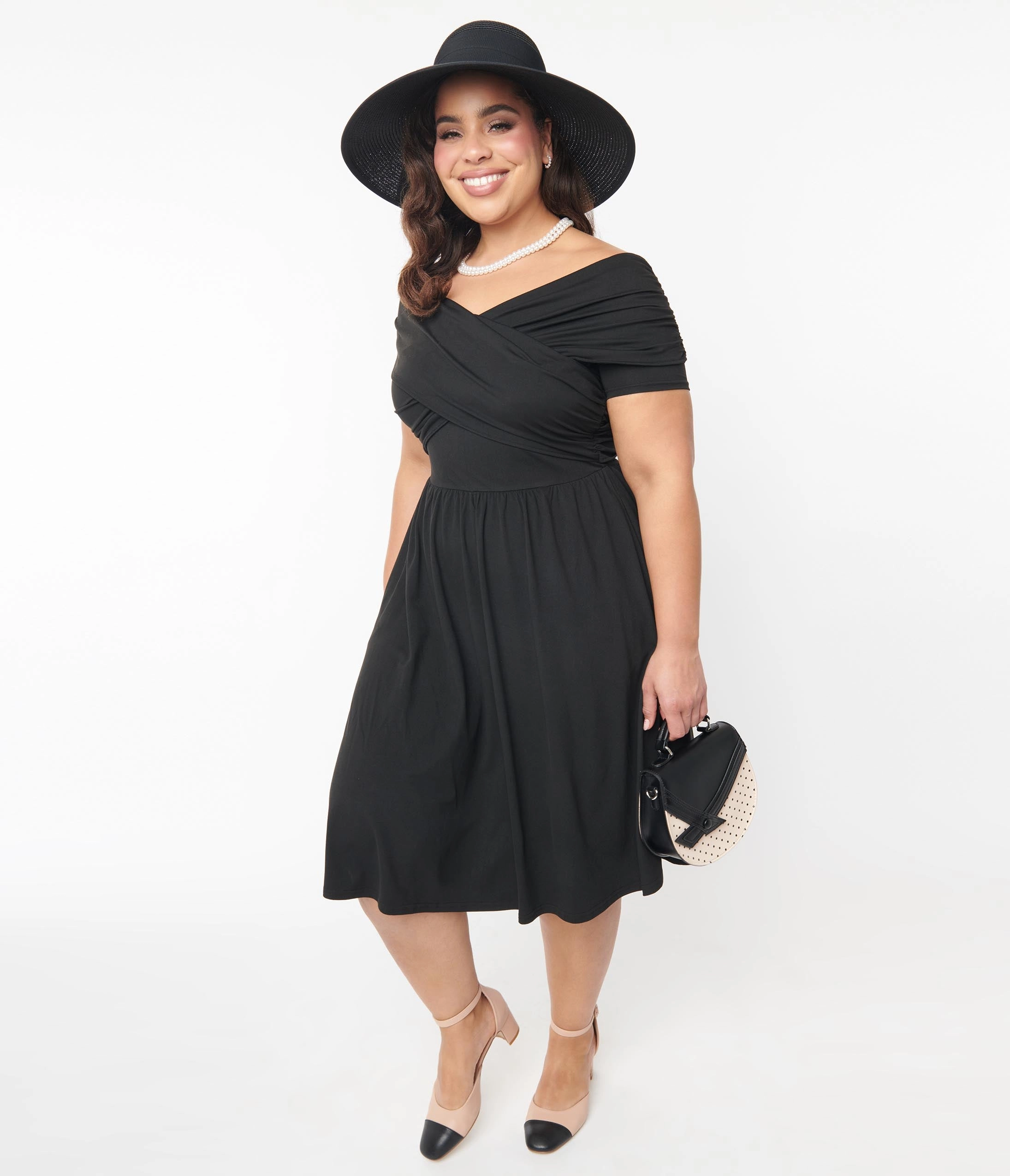 Unique Vintage Plus Size Black Shirred Swing Dress