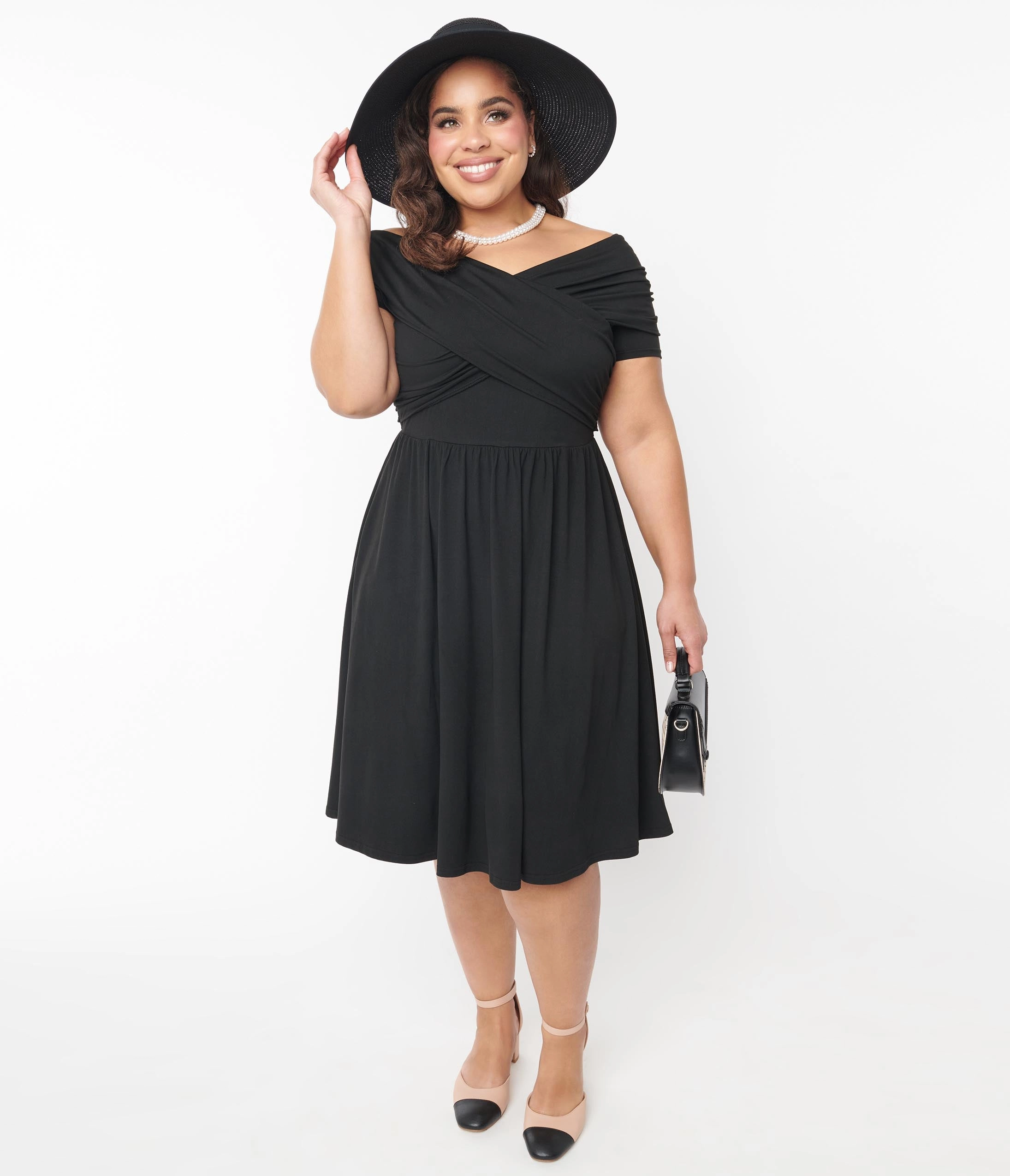Unique Vintage Plus Size Black Shirred Swing Dress