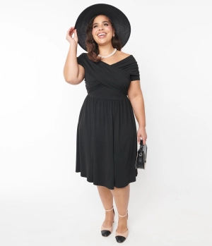Unique Vintage Plus Size Black Shirred Swing Dress