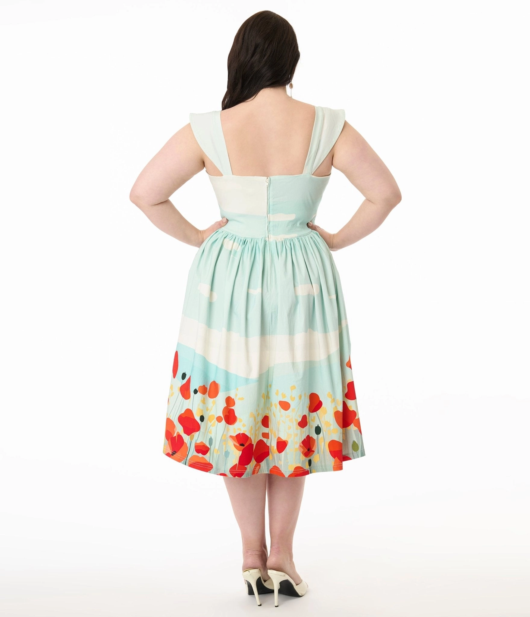 Unique Vintage Plus Size Blue Sky & Poppy Field Sleeveless Swing Dress