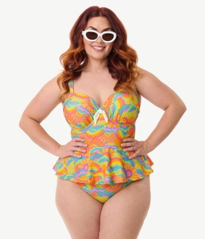 Unique Vintage Plus Size Happy Groovy Rainbow Solana Tankini Swim Top