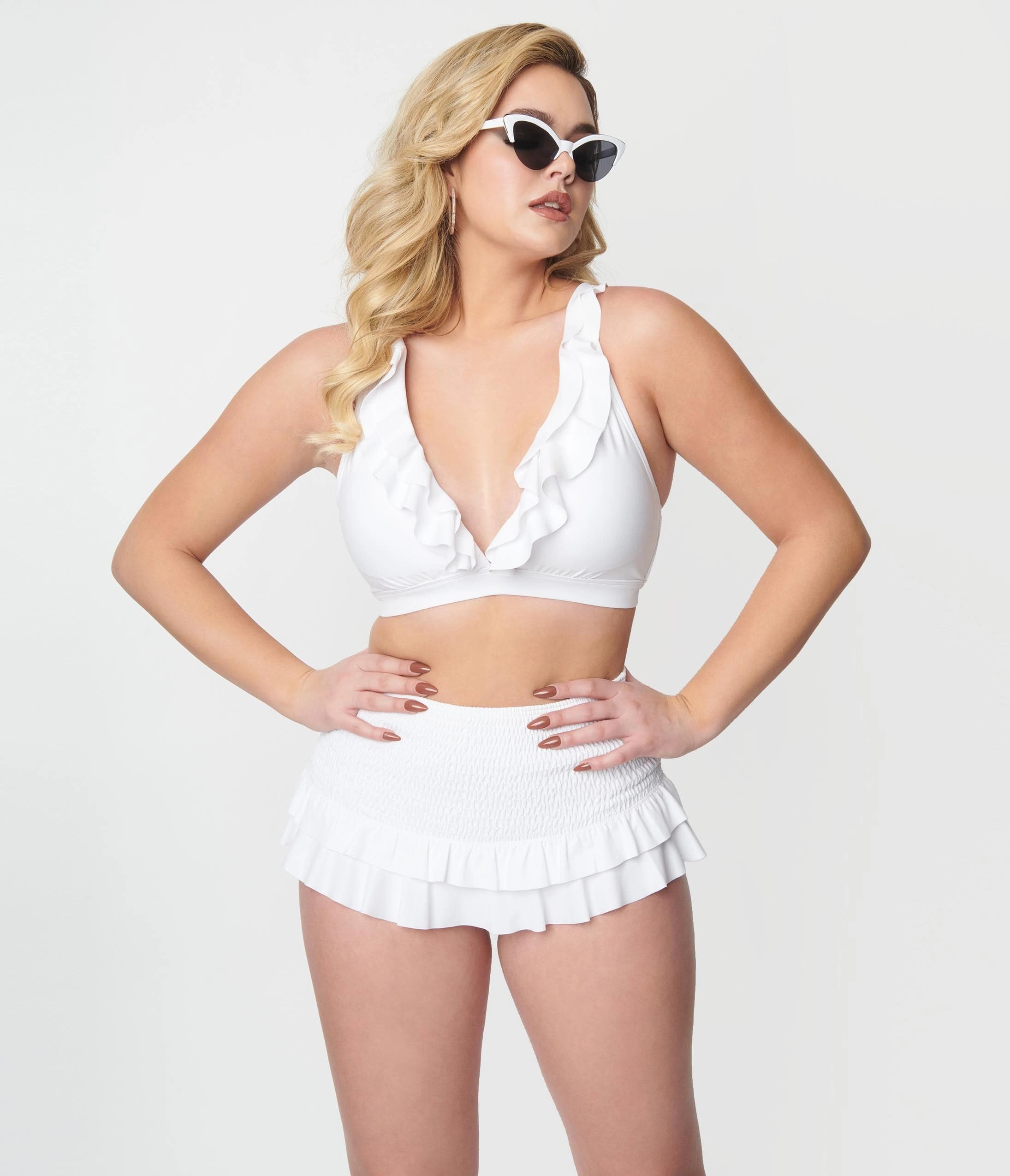 Unique Vintage White Shirred Skirt Swim Bottom