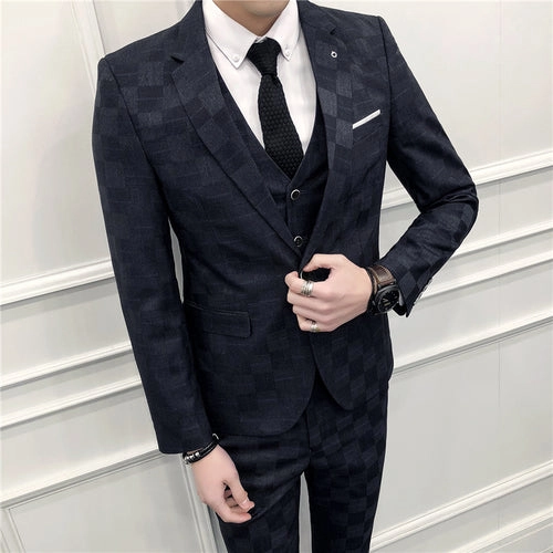 West Louis™ Tailor Business Elegant Plaid 3 Piece Slim Suit