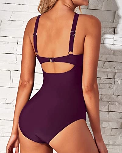 Wide Strap Bathing Suit One Piece Front Cross Keyhole Swimsuits-Maroon