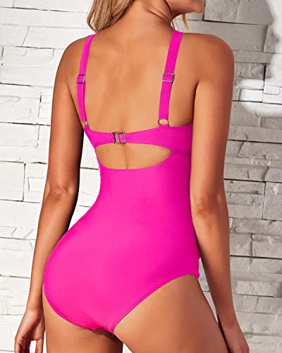 Wide Straps One Piece Tummy Control Bathing Suit-Neon Pink