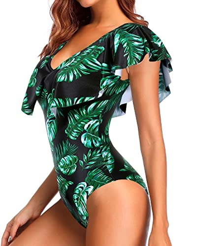 Women V Neck Flounce Sleeve Tummy Control Ruffle Shoulders One Piece Swimsuit-Black Green Leaves