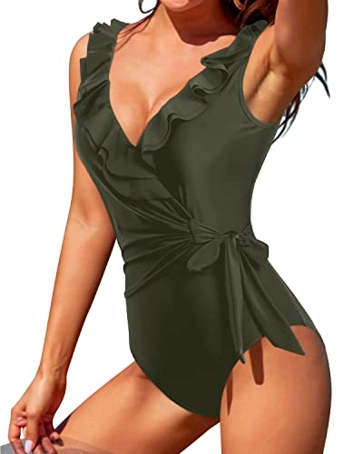 Women V Neck Tie Side Wrap Slimming Tummy Control One Piece Swimsuits-Army Green