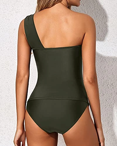 Women's 2 Piece Tankini Swimsuits One Shoulder Top & Shorts-Army Green