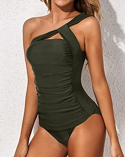 Women's 2 Piece Tankini Swimsuits One Shoulder Top & Shorts-Army Green