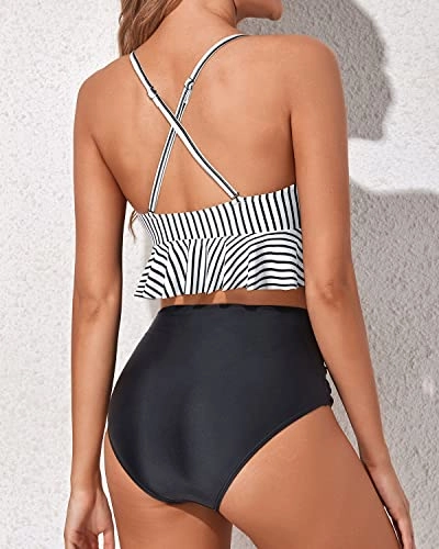 Women's Comfortable Beach Vacation Bikini Swimwear-Black And White Stripe