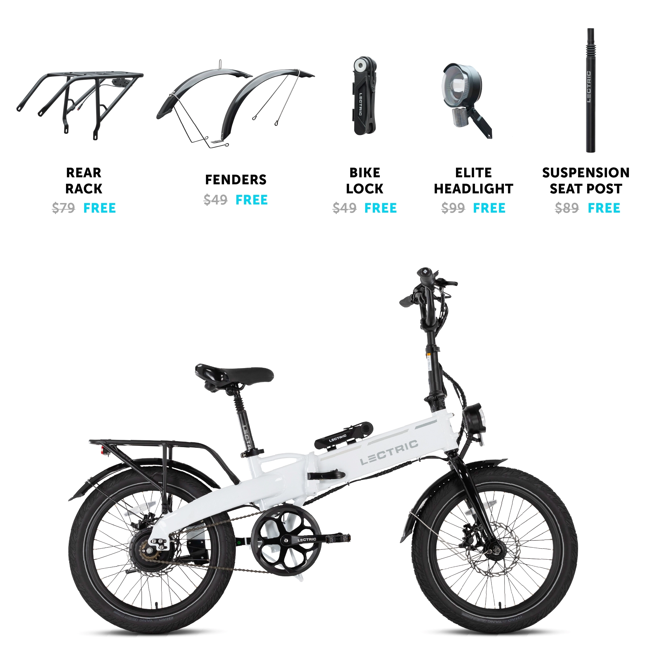XP Lite 2.0 Arctic White Long-Range   FREE Rear Rack, Fenders, Elite Headlight, Suspension Seat Post ($316 Value)